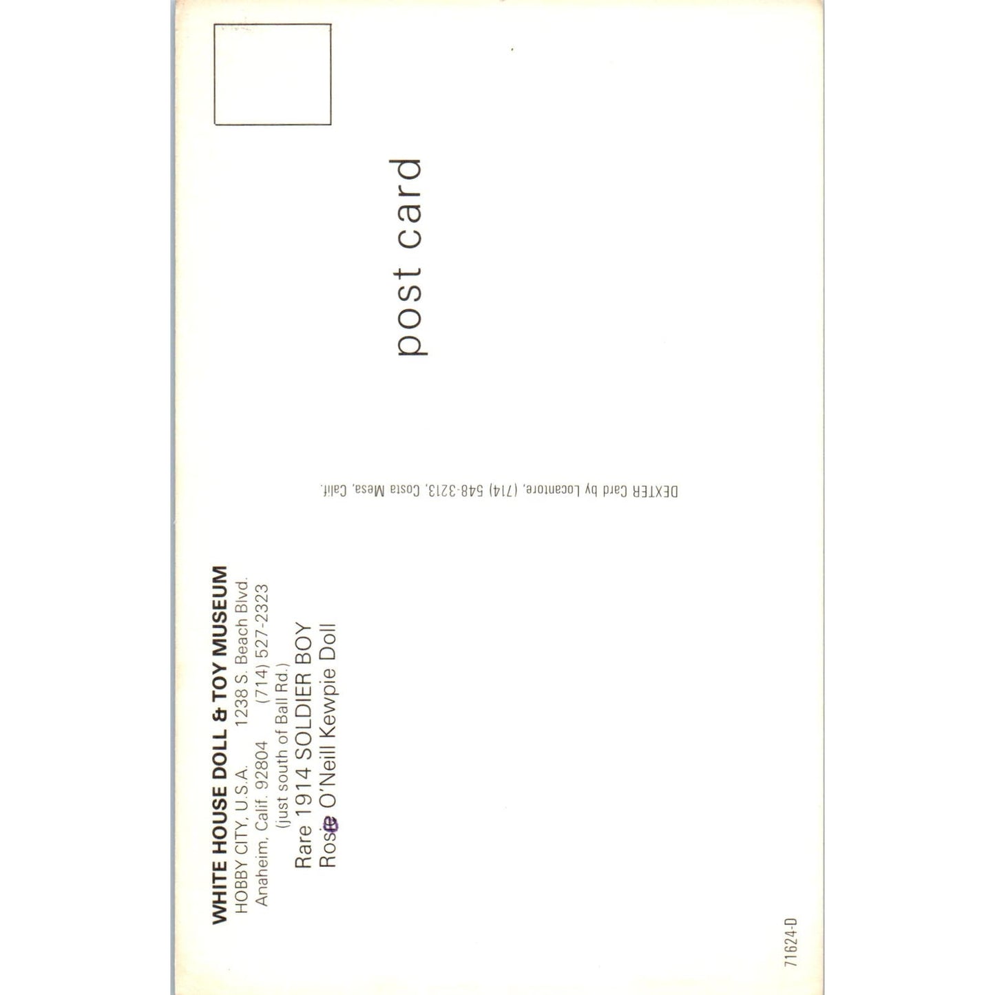 1914 Soldier Boy Kewpie Doll White House Doll & Toy Museum Anaheim Postcard PB8