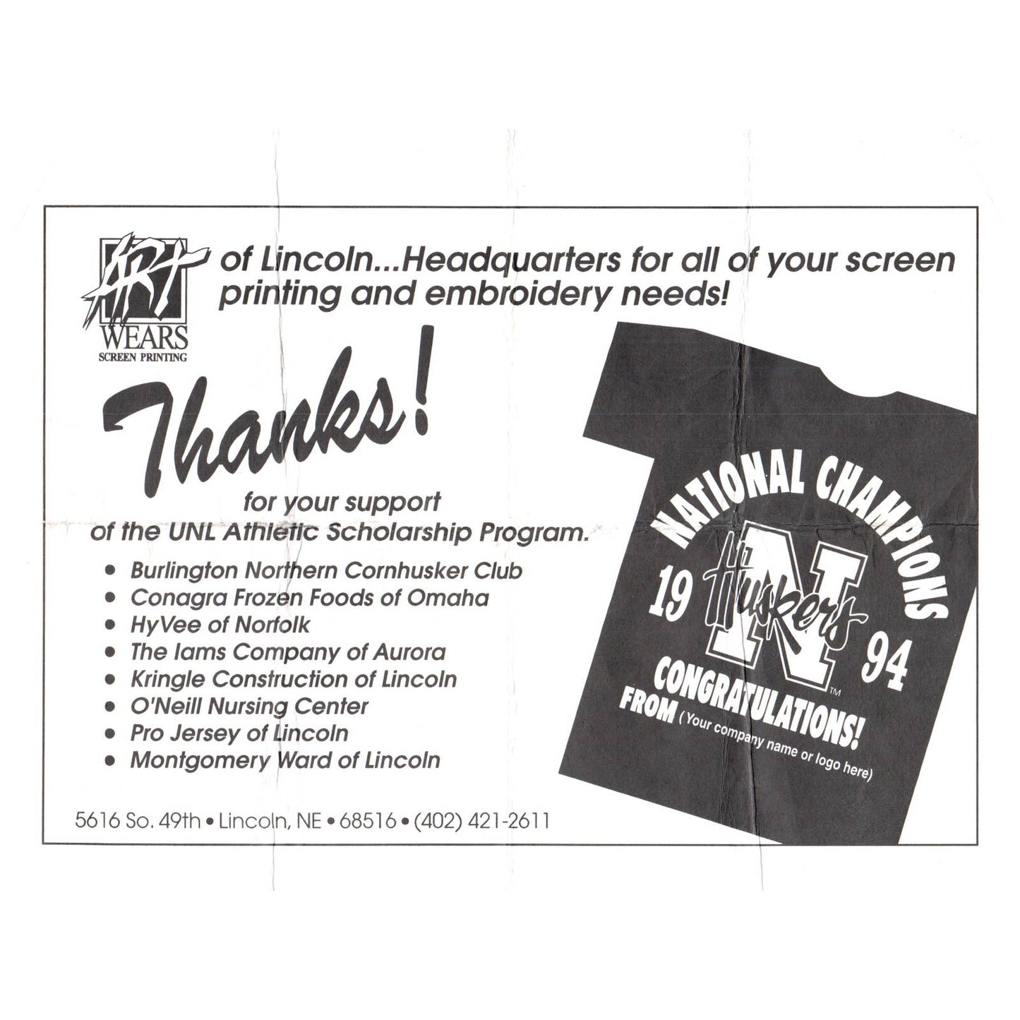 1994 Nebraska Cornhuskers National Champions Screen Printing Advertisement AD1