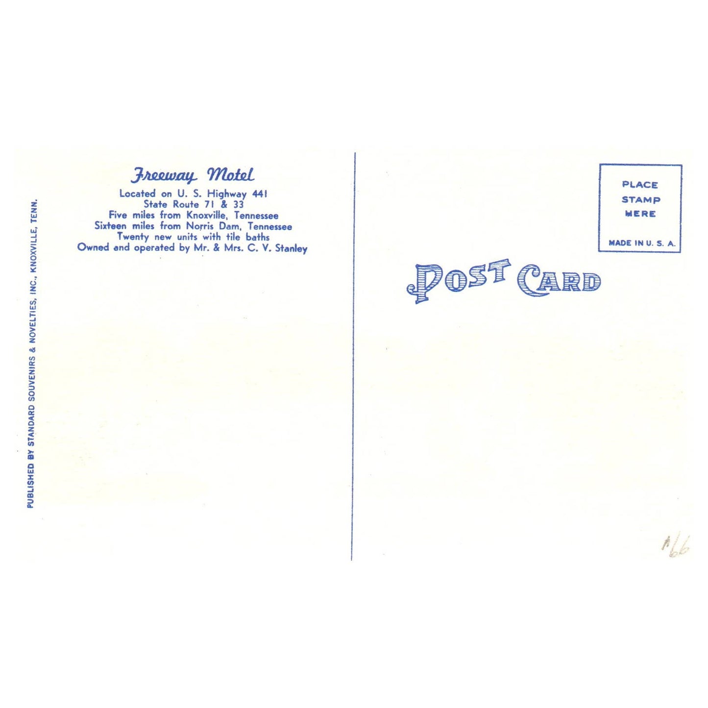 Freeway Motel Knoxville Tennessee Mr & Mrs CV Stanley - Postcard TJ8-1