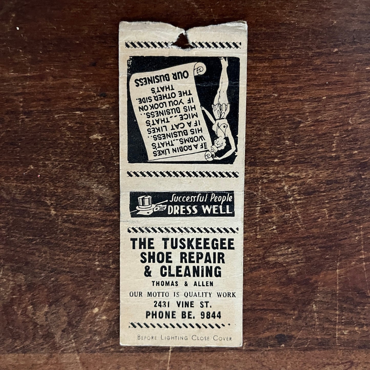 The Tuskeegee Shoe Repair Thomas & Allen Advertising Matchbook Cover MM11-7