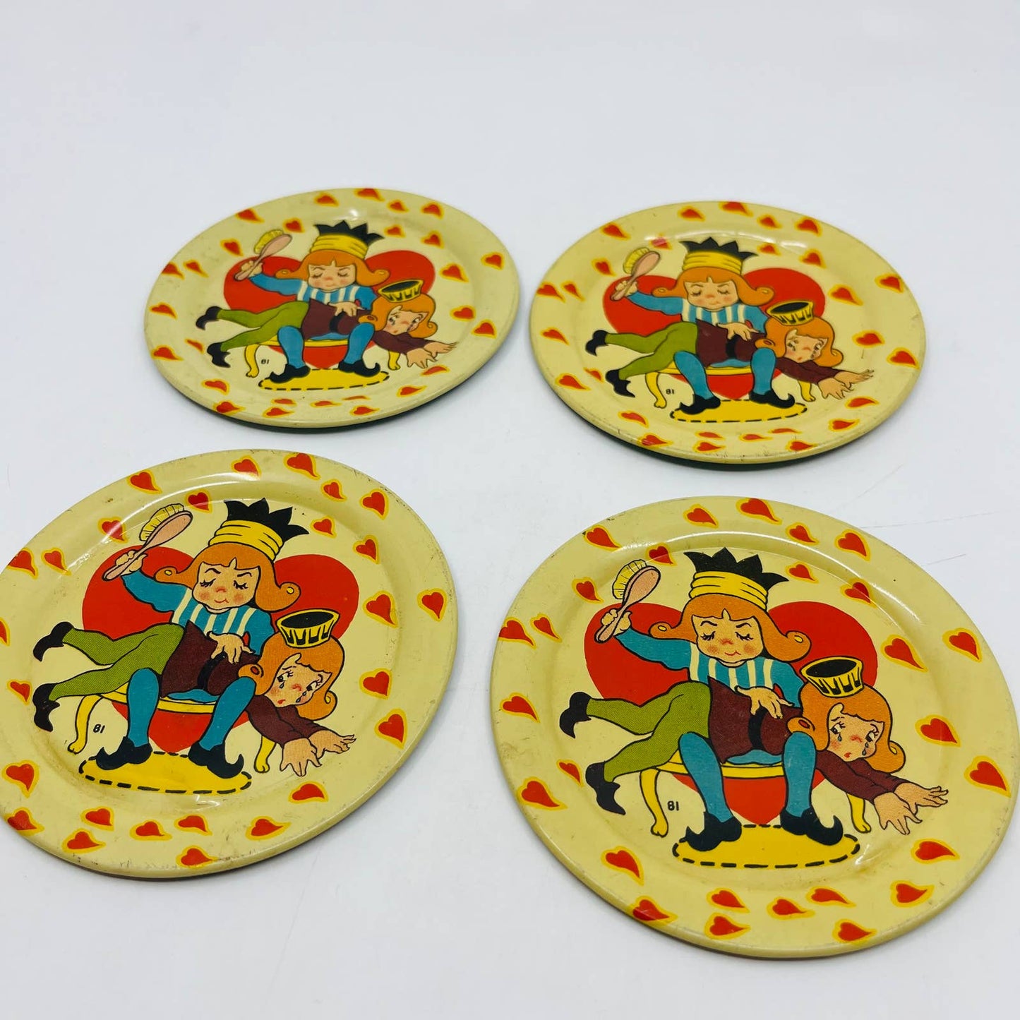 1942 Ohio Art BK Benjamin #81 Queen of Hearts Tin Tea Set 4 Spanking Plates TB6