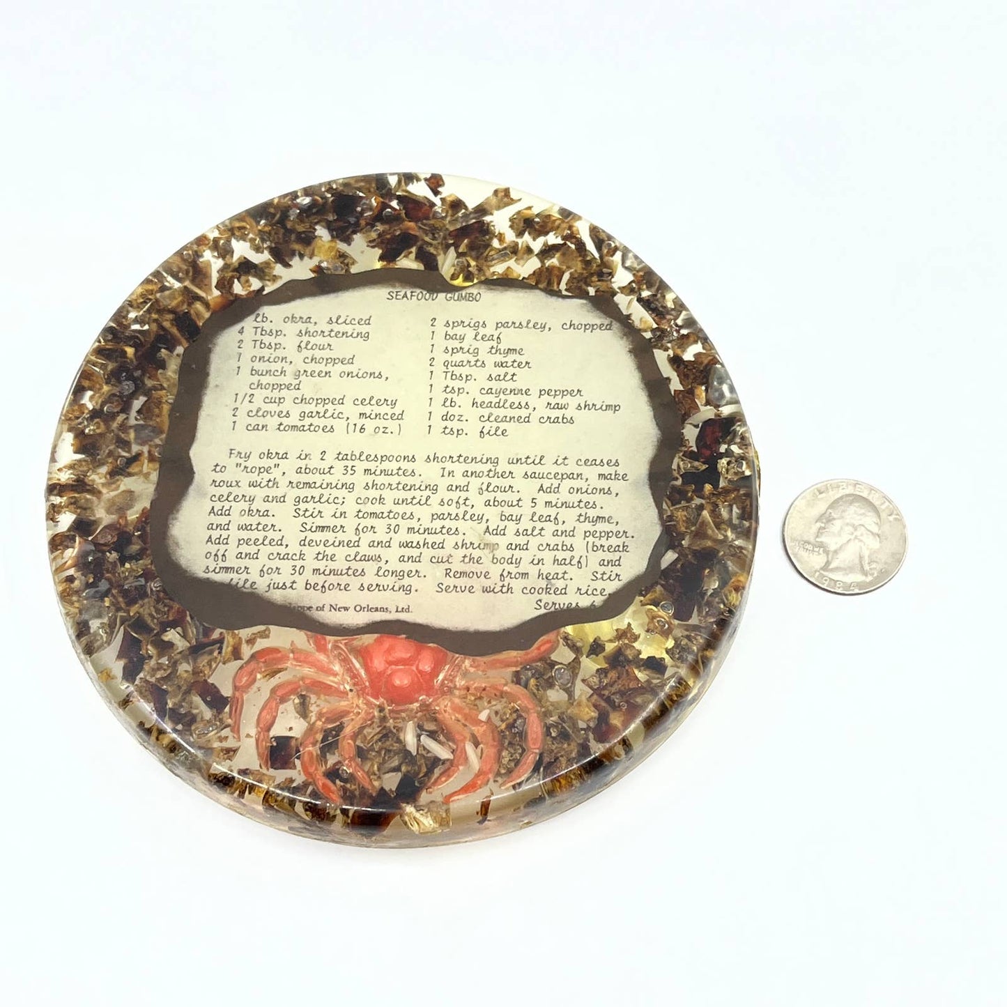 Retro Kitsch Lucite Trivet Seafood Gumbo Recipe Lagniappe New Orleans TC7