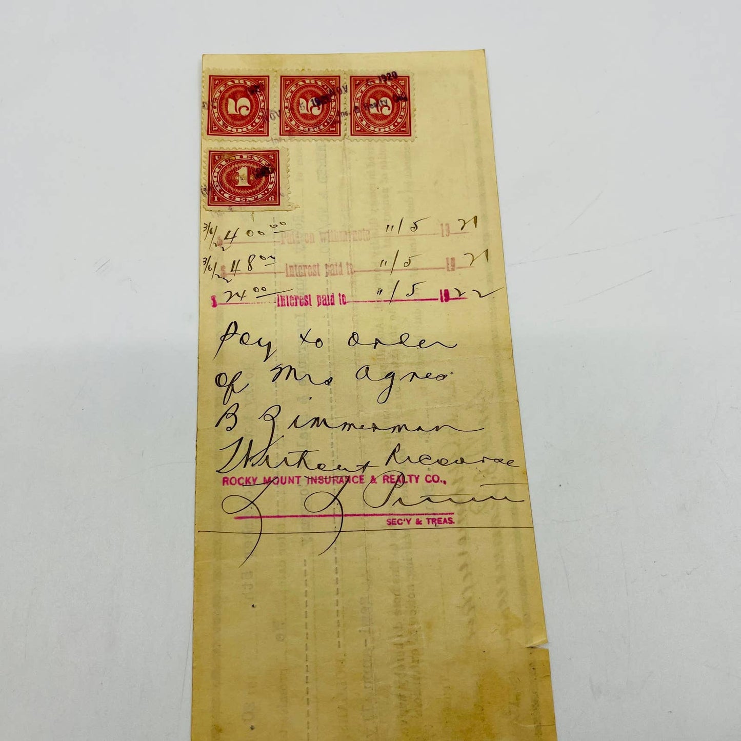 1921 Bank Check Rocky Mount NC Insurance & Casualty Co. JB Zimmerman AA5