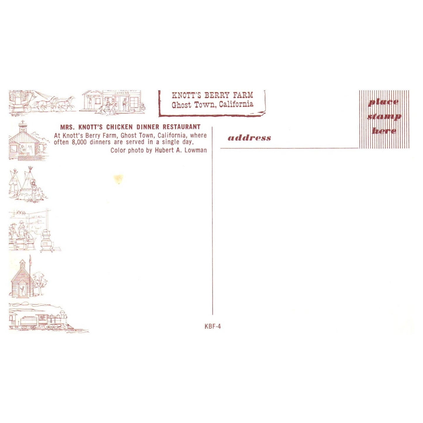 Vintage Postcard - Mrs. Knott's Chicken Dinner Restaurant Ghost Town CA AD9