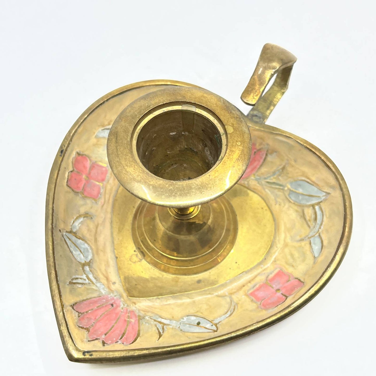 Vintage hand painted brass and enamel Cloisonne Style Heart candle holder TG3