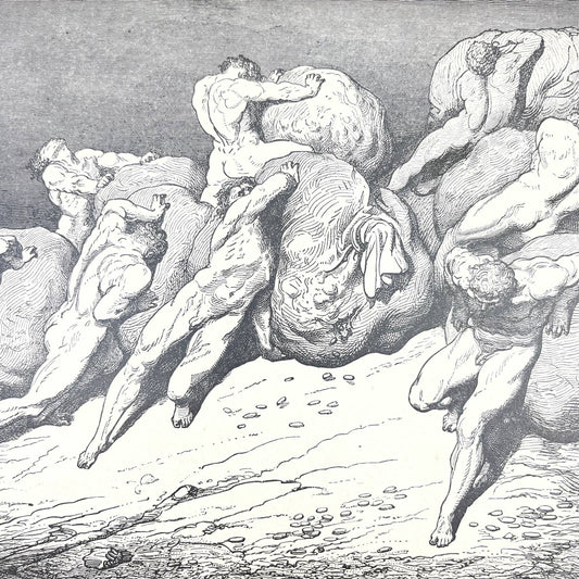 Original 1880s Gustave Dore Engraving Divine Comedy Hoarders and Wasters FL4