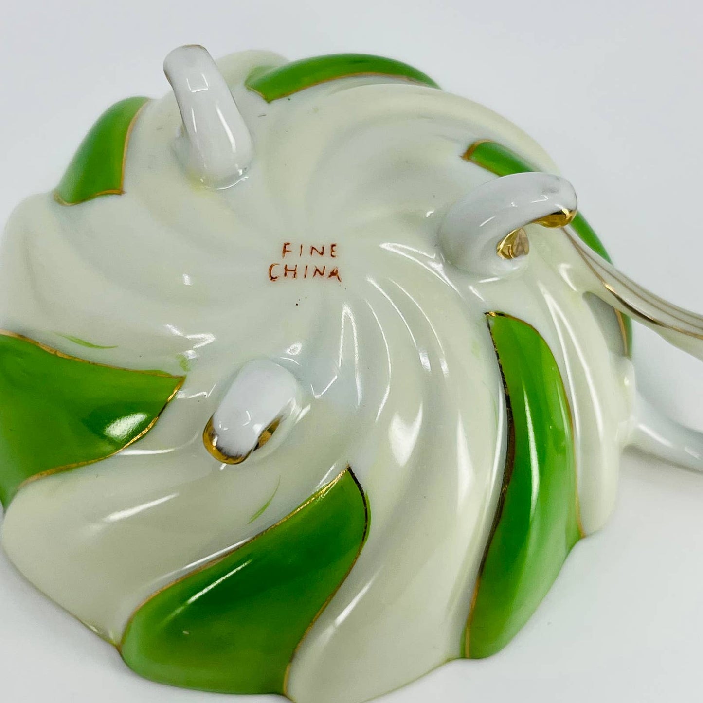 Midcentury Japan Footed Cup and Saucer Green Candy Stripe Swirl Gilt TD9