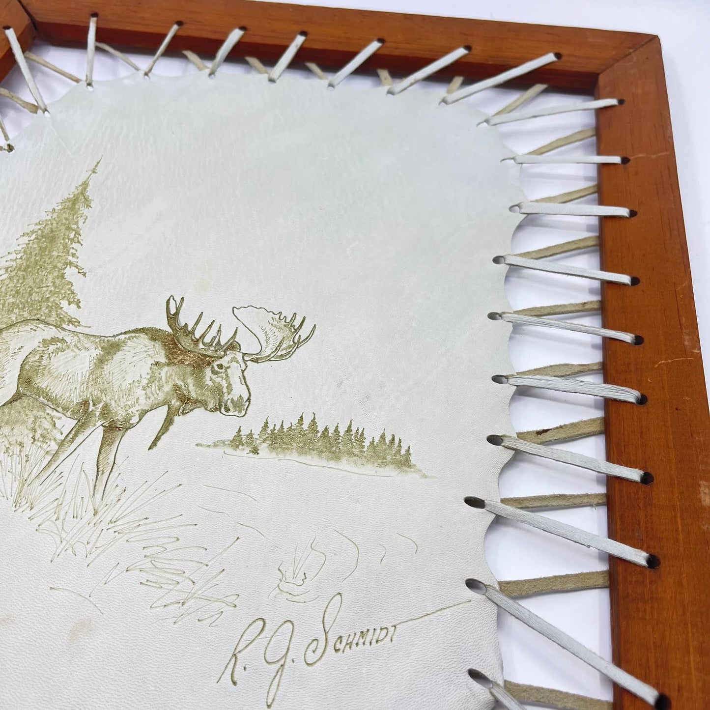 Vintage Large Framed Tooled Leather Art Moose Scene R. J. Schmidt 20x16”