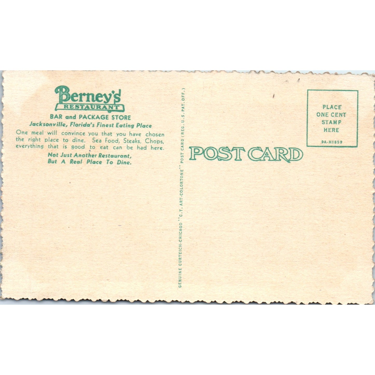 Vintage Postcard The Man in Green Berney's Restaurant Jacksonville FL PE
