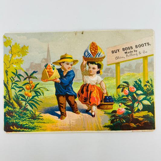 1880s Victorian Trade Card Boss Boots This, Selling & Co Philadelphia PA AH9-M8