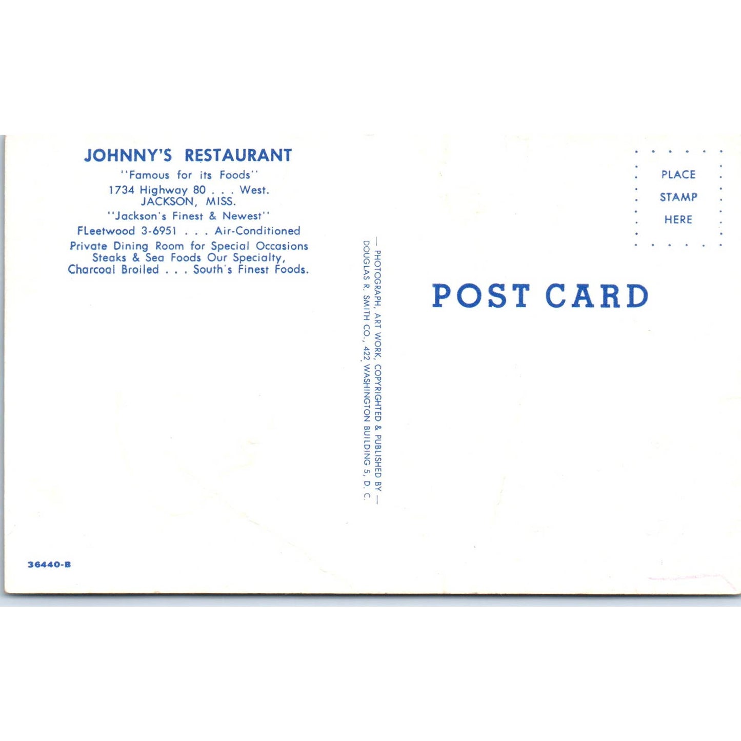 Johnny's Restaurant Hwy 80 Jackson Mississippi - Original Postcard TJ9-P1