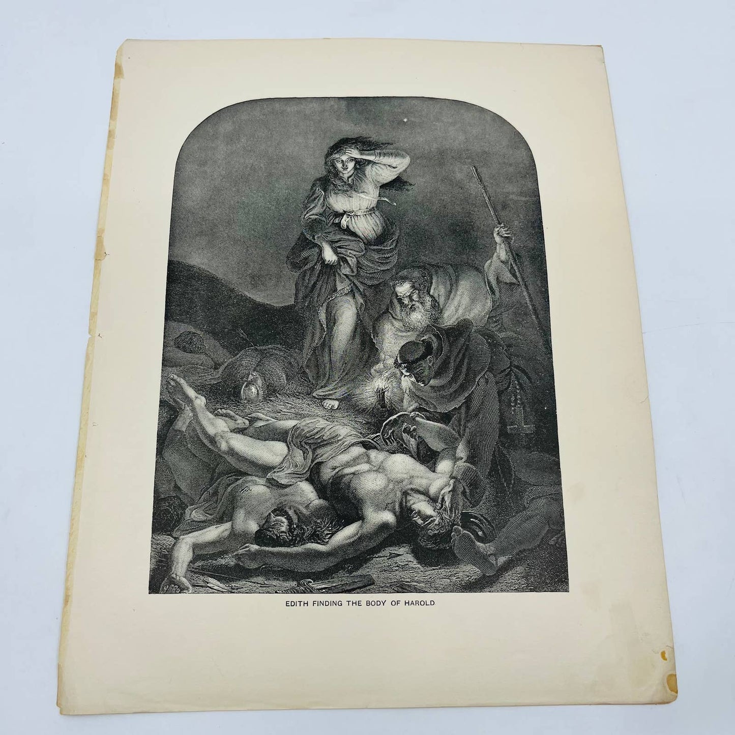 1880s Victorian Art Print Engraving Bulwer EDITH FINDING THE BODY OF HAROLD