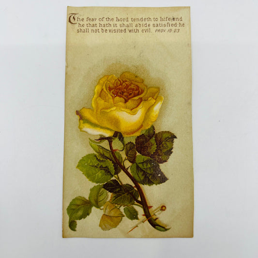 1880s Victorian Christian Verse Card Proverbs 19:23 Yellow Rose SAH9-H7