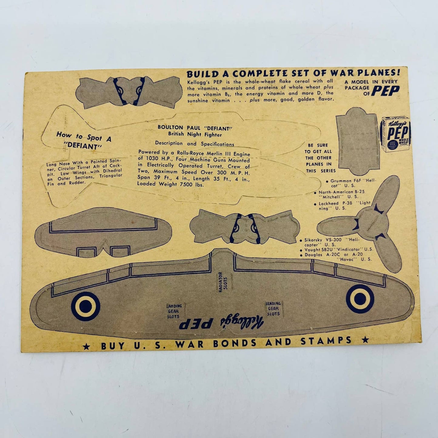 1940's Kellogg's PEP Cereal Model War Plane Series #6 BOULTON PAUL "DEFIANT" C8