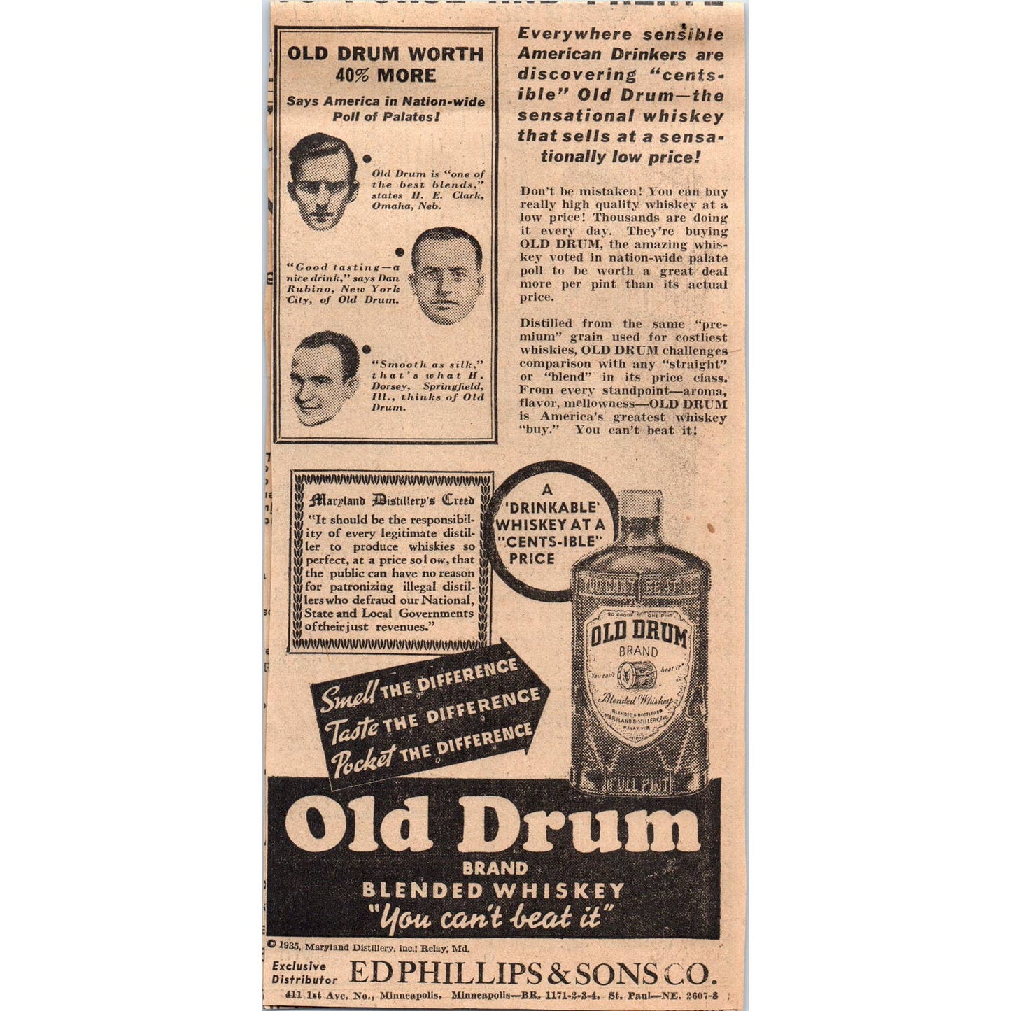 1935 Minneapolis Journal Newspaper Ad Old Drum Whiskey Ed Phillips & Sons FL5-3