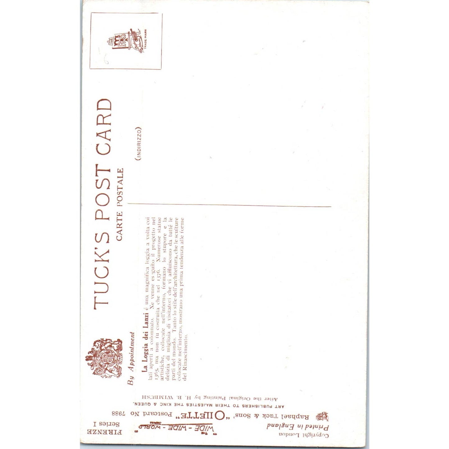Firenzie La Loggia Dei Lanzi Raphael Tuck Oilette Original Postcard TK1-P17