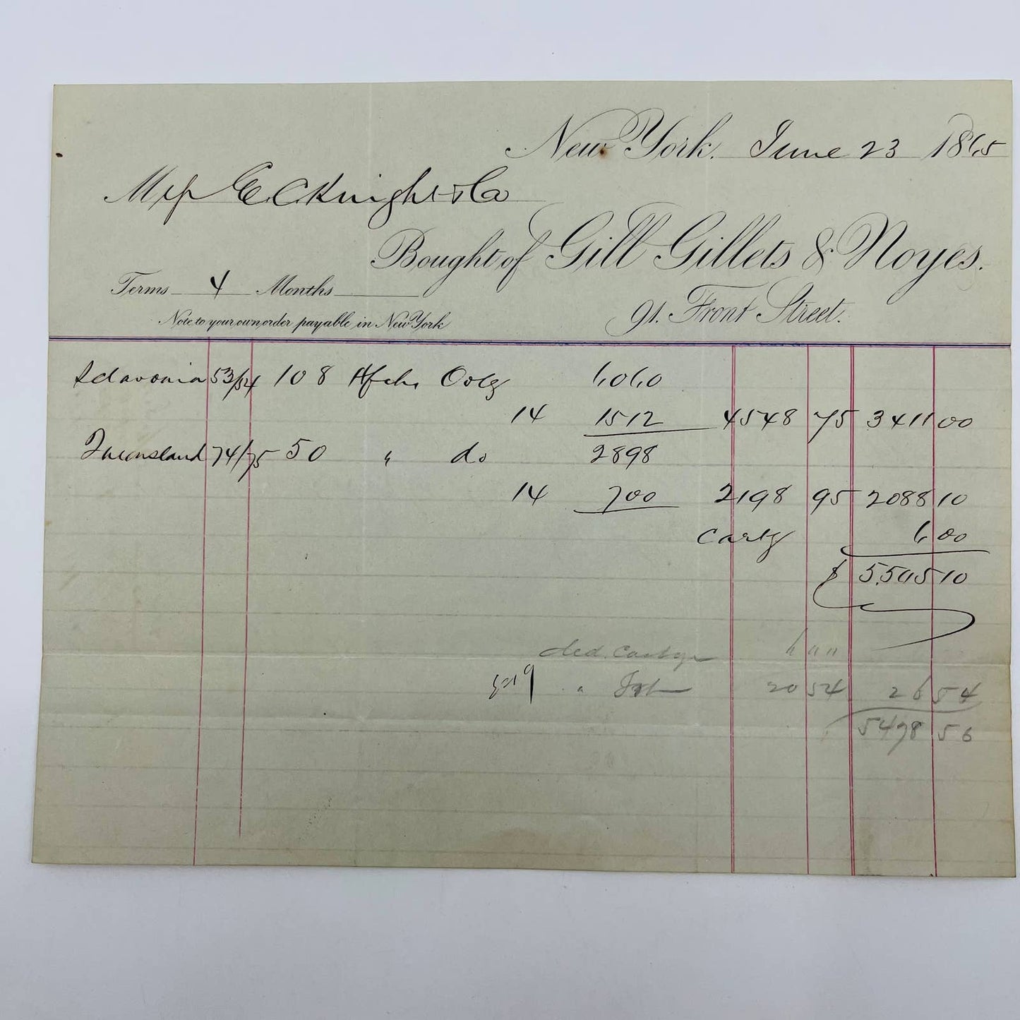 1865 Gill Gillets & Noyes New York NY Front St. Billhead Letterhead Receipt AA4