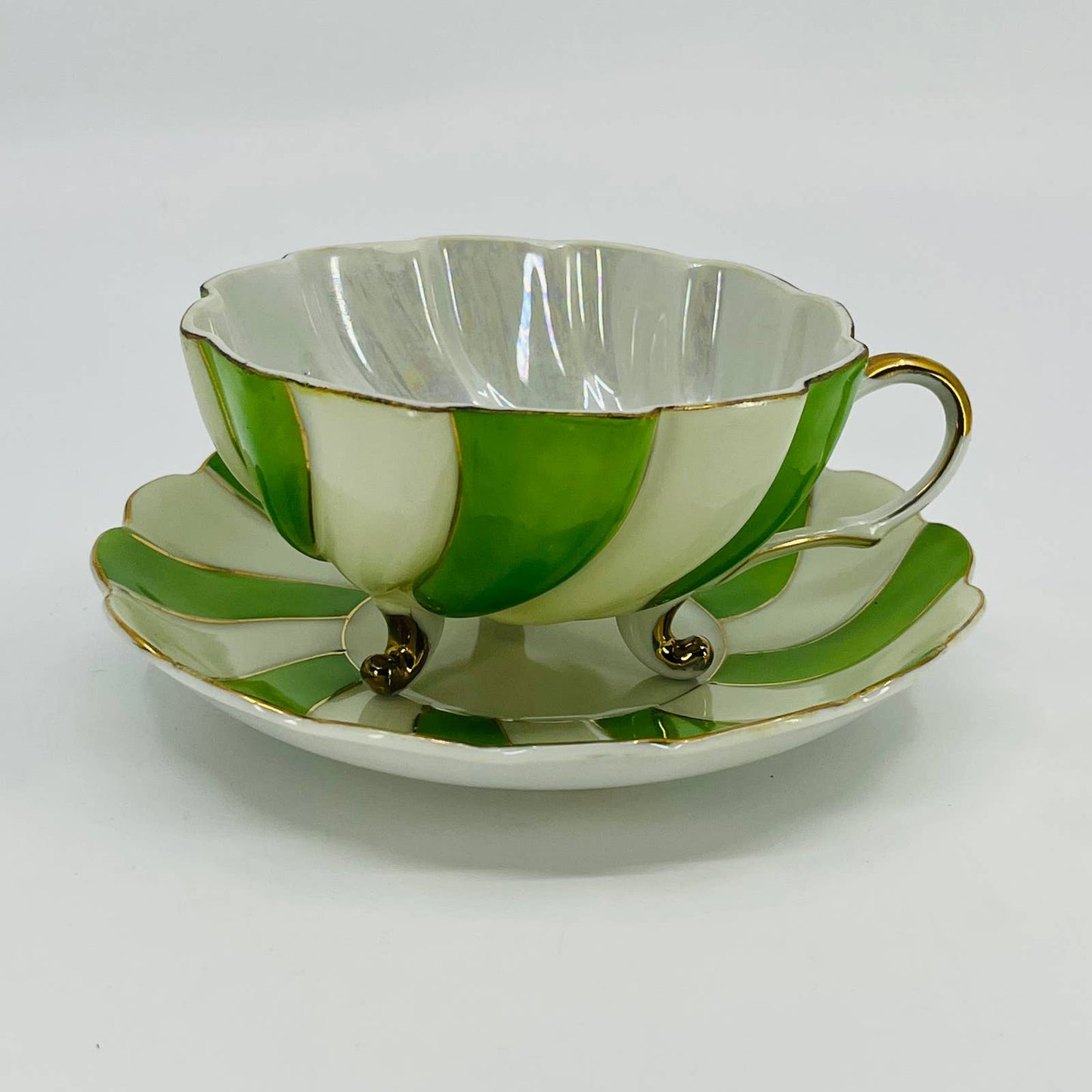 Midcentury Japan Footed Cup and Saucer Green Candy Stripe Swirl Gilt TD9