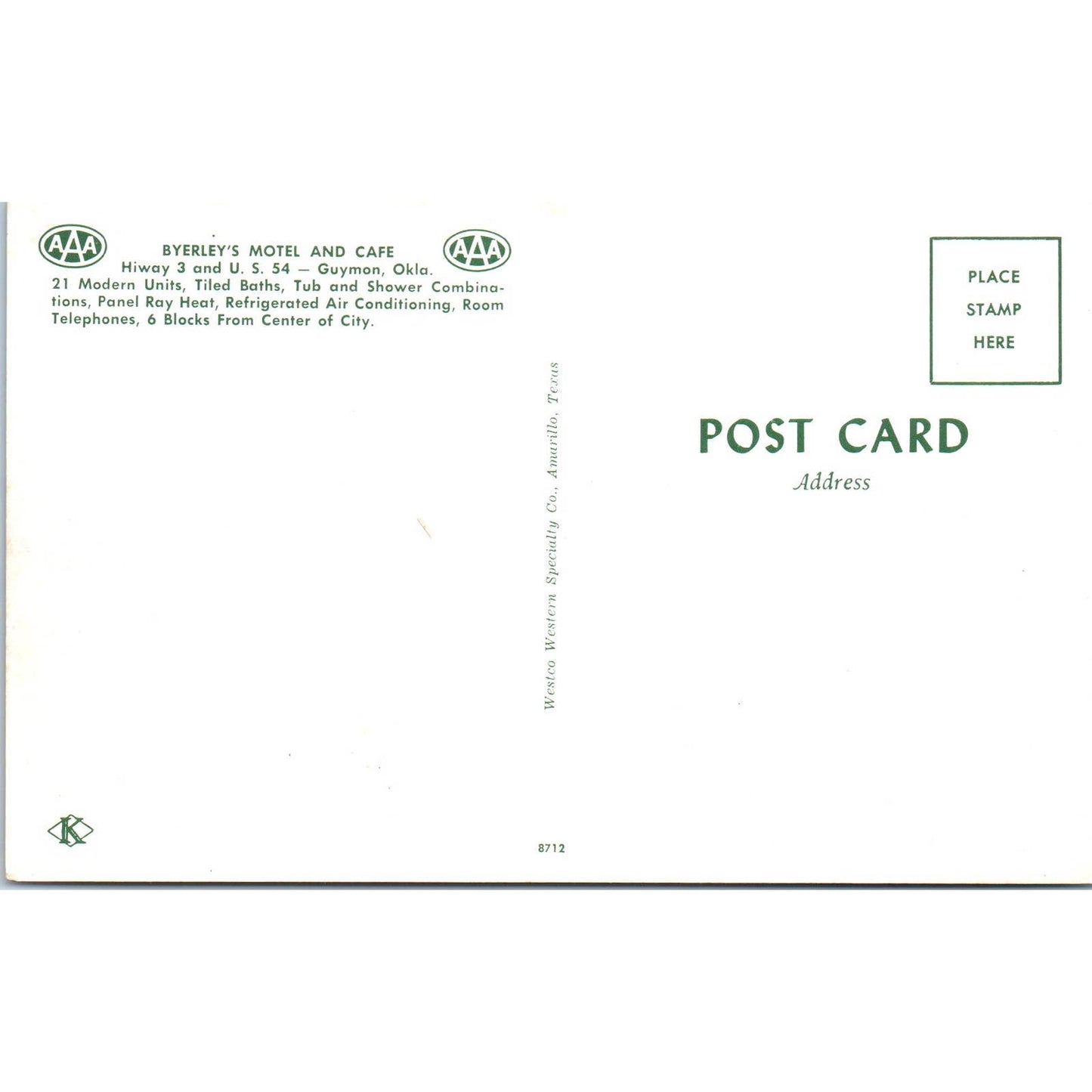 Vintage Postcard Byerley's Motel and Cafe Guymon, Oklahoma TD9