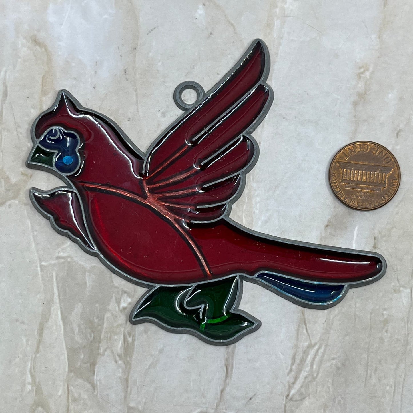 1980s Red Cardinal Bird Stained Glass Suncatcher 3.5” TE5-S1-1
