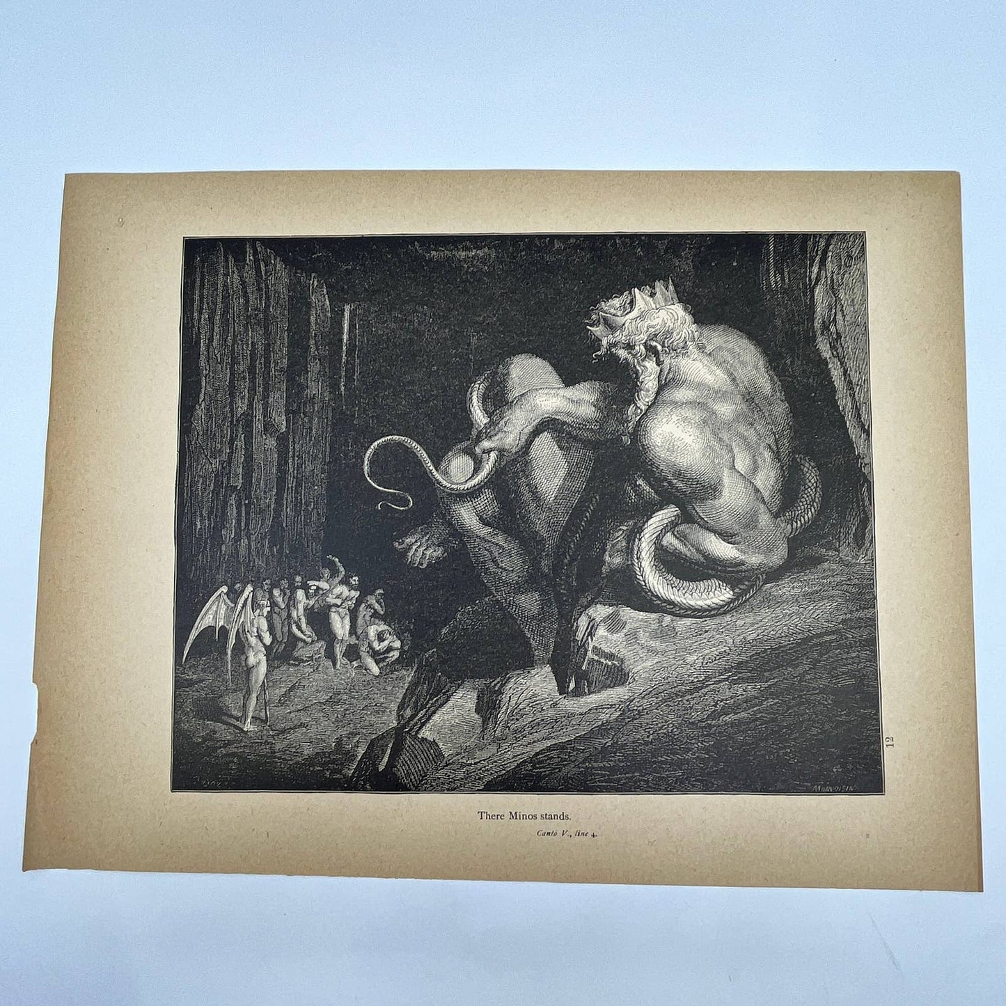 Original 1880s Gustave Dore Engraving Divine Comedy - There Minos Stands FL4