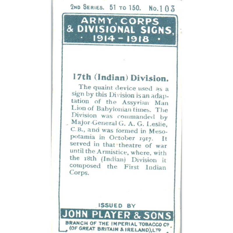 1925 Player's Cigarette Card Army Corps #103 17th Indian Division SE5