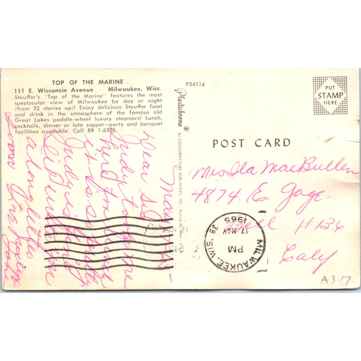Top of the Marine Milwaukee Wisconsin 1965 Original Postcard TJ9-P3