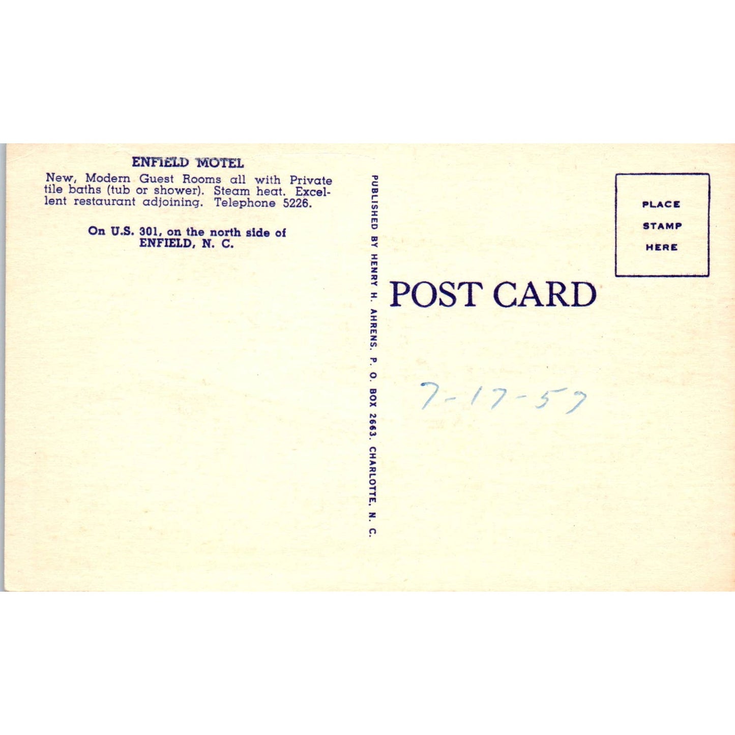 Enfield Motel Enfield NC 1957 - Original Postcard TJ7-RP2