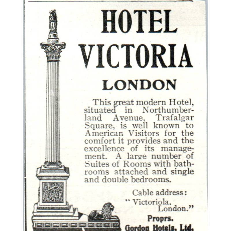 Hotel Victoria London Gordon Hotels Ltd - 1903 Original Ad TJ7-L
