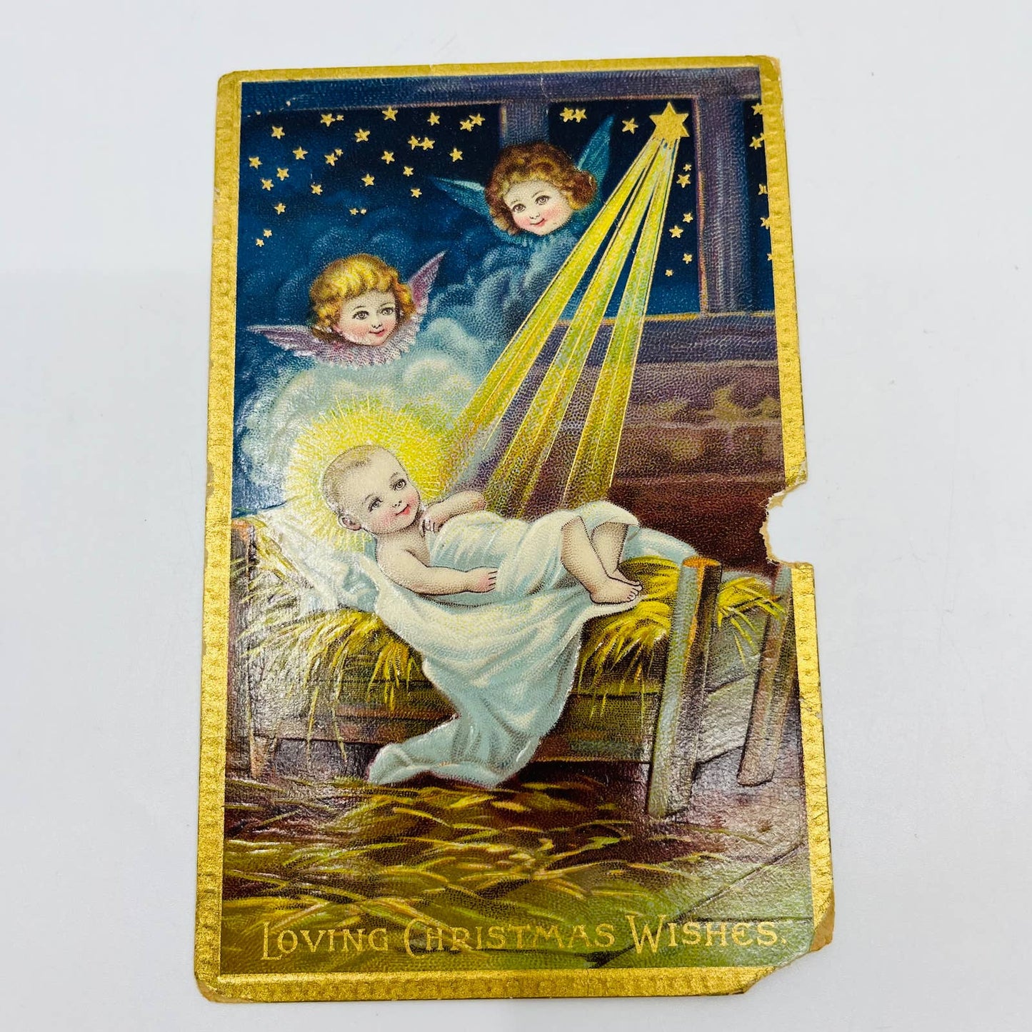 1910s Christmas Post Card Embossed Baby Jesus Angels Manger Star Dresden PA4