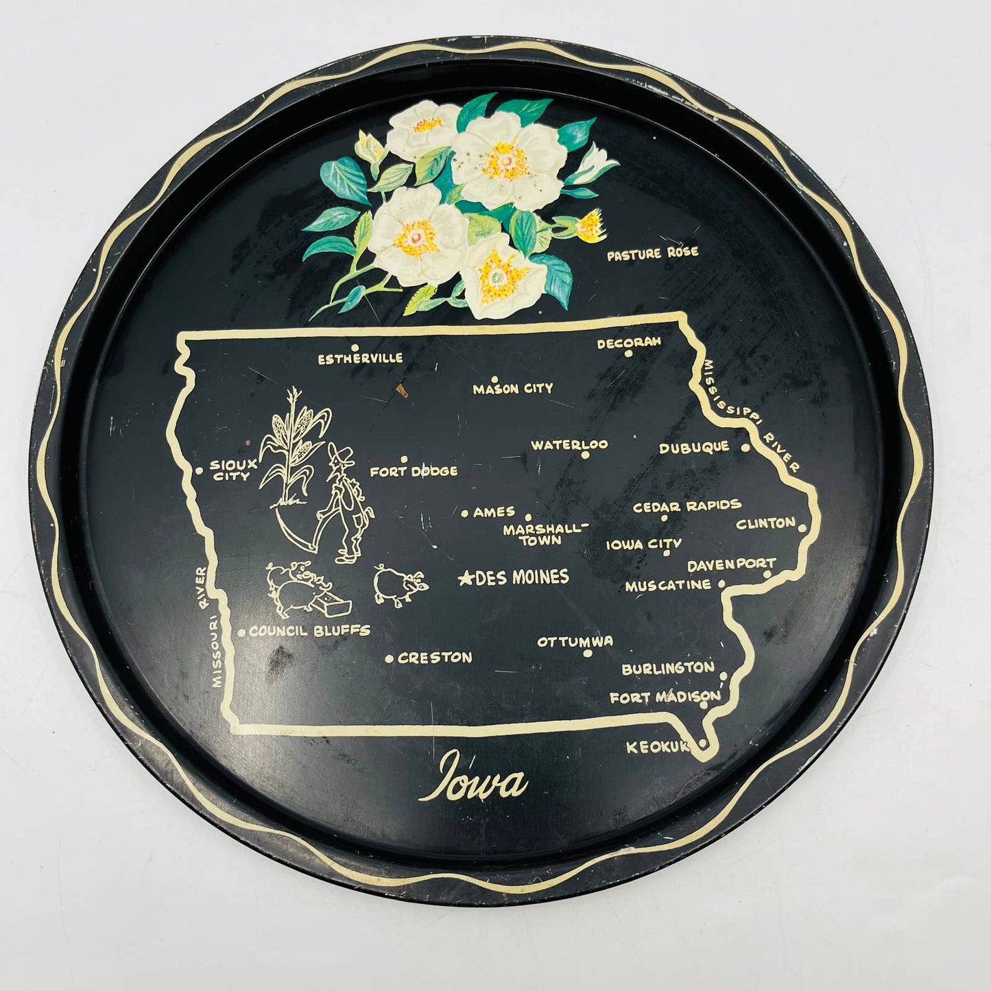 Vintage Black & Gold Metal State Souvenir Plate Tray Iowa 11” TC7