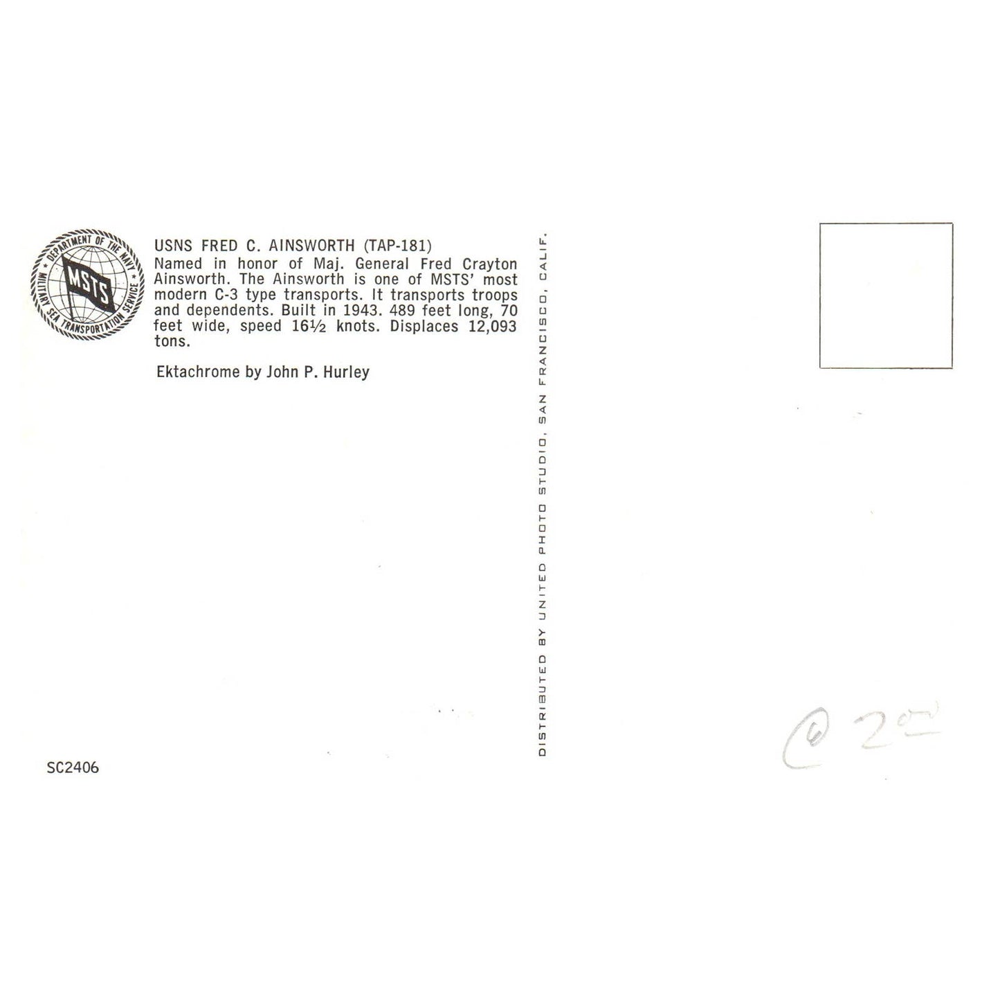 USNS Fred C. Ainsworth TAP-181 - Original Postcard TJ8-5