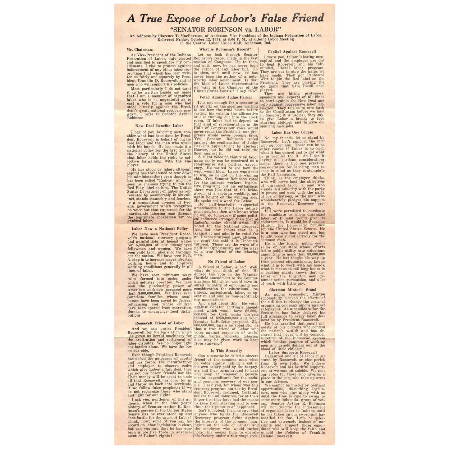 1930s Indiana Political Brochure FDR Roosevelt and New Deal SF3-5