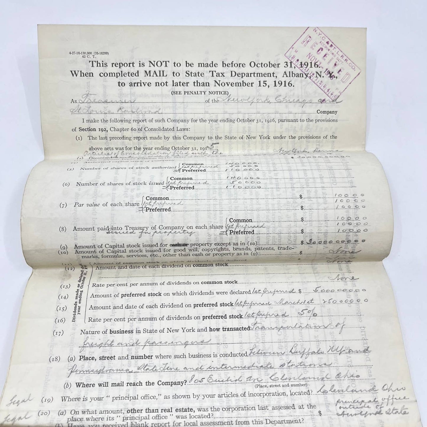 1916 New York, Chicago & St. Louis RR Railroad Capital Stock Report AB2