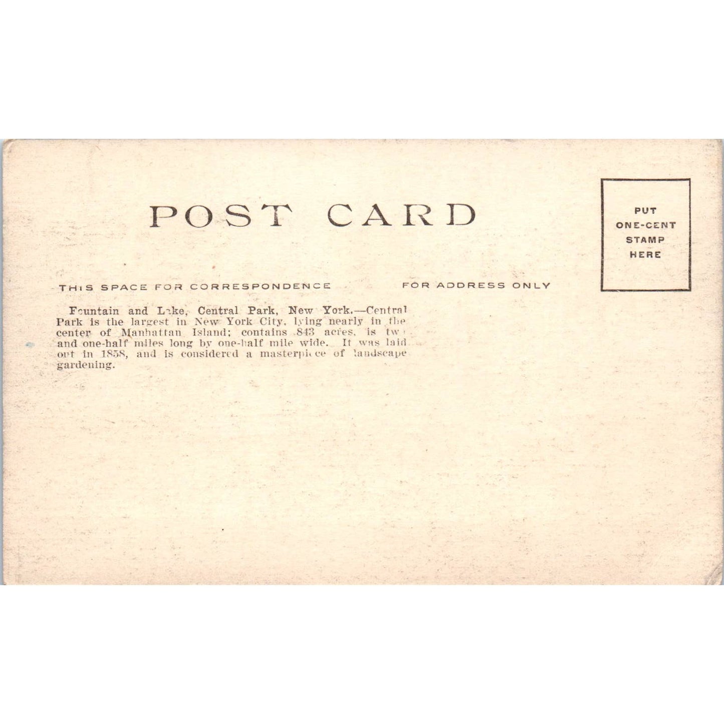 Fountain and Lake Central Park New York c1910 Original Postcard TK1-24