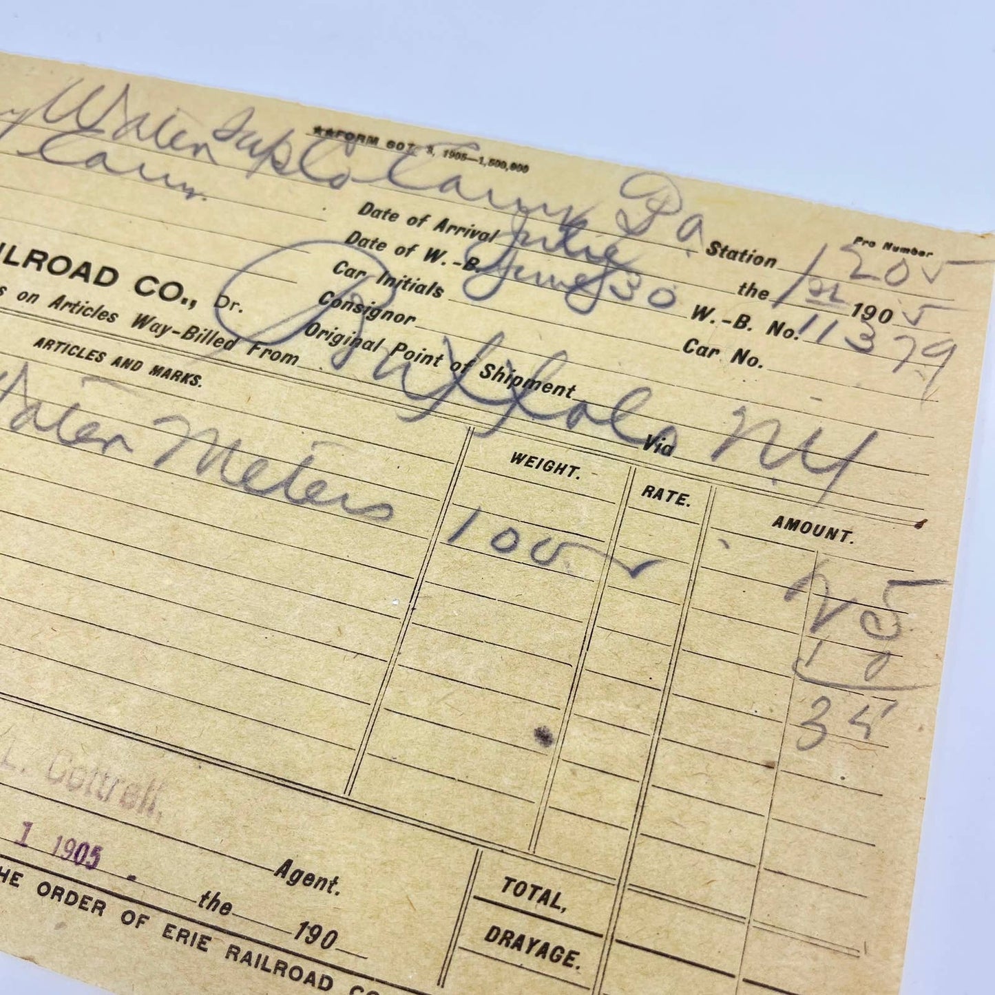 1905 Erie Railroad Co Form 607 for Charges on Articles Way-Billed AA7