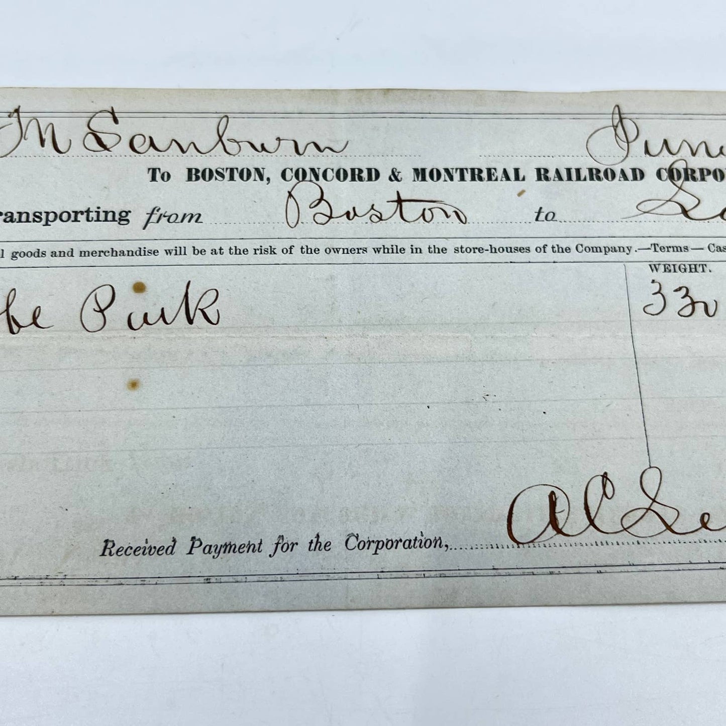 1861 Civil War Era Bank Check Boston Concord & Montreal Railroad Corporation SC5