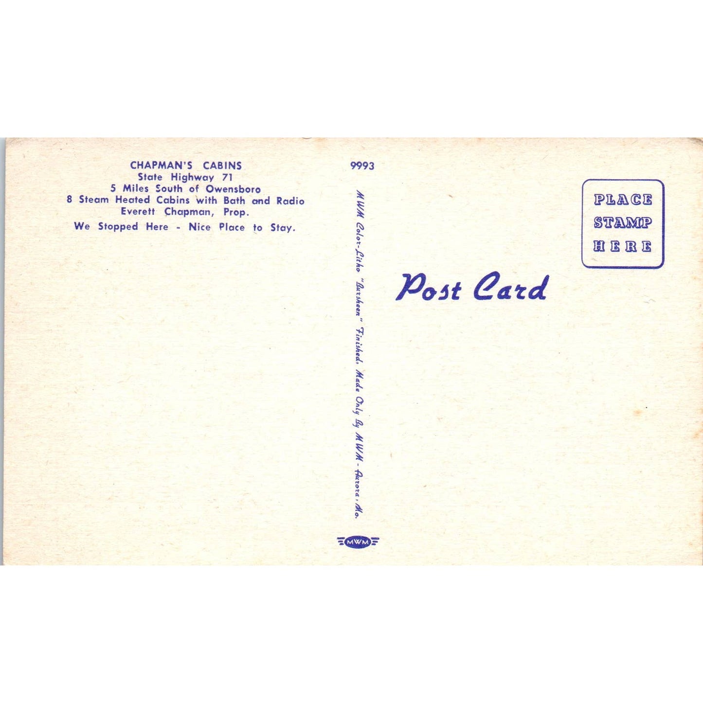 Chapman's Cabins Owensboro Kentucky - Original Postcard TJ7-RP3