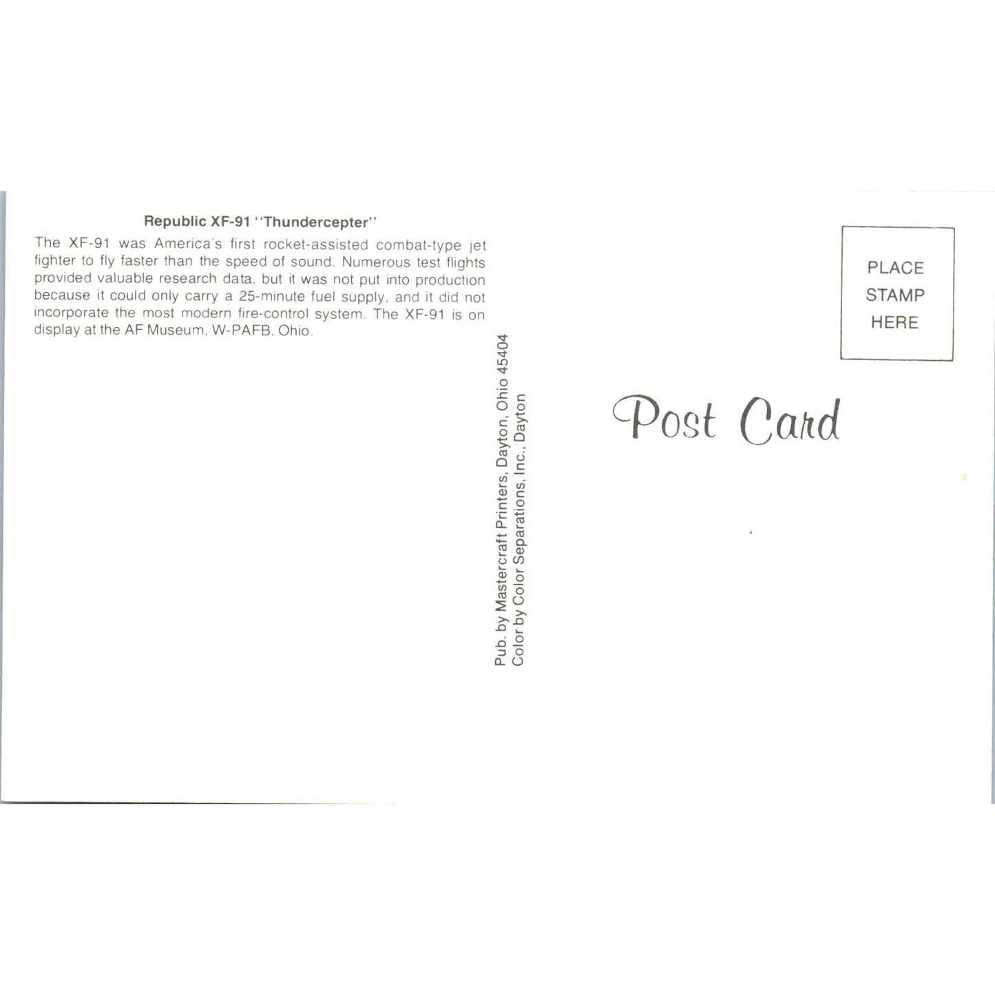 Vintage Postcard Republic XF-91 Thundercepter Plane EA3