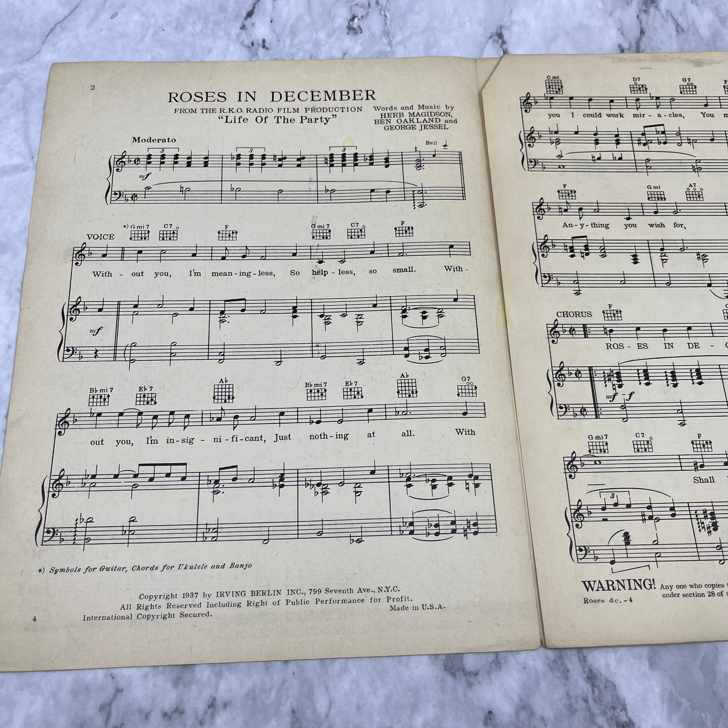 1937 Roses in December Sheet Music Magidson Oakland Jessel V38