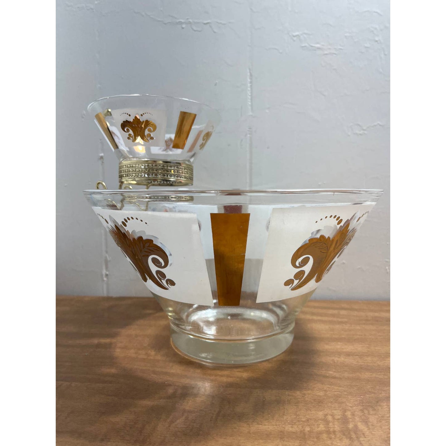 MCM Atomic 1963 CHIP & DIP BOWL SET Anchor Hocking 22k Fleur De Lis 10” TH1