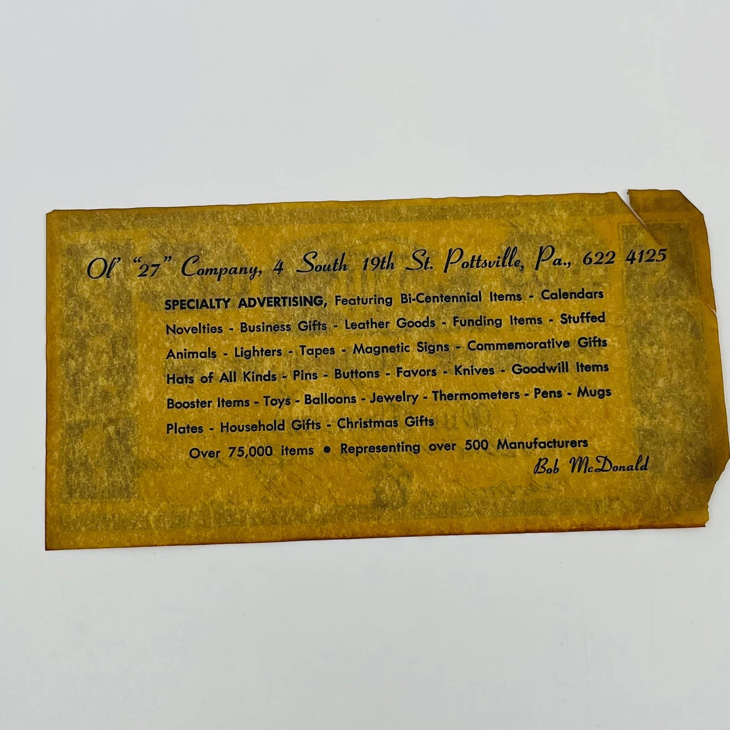 VTG 1840 Replica $1000 Bank Note Advertising Ol’ 27 Company Pottsville PA SC2