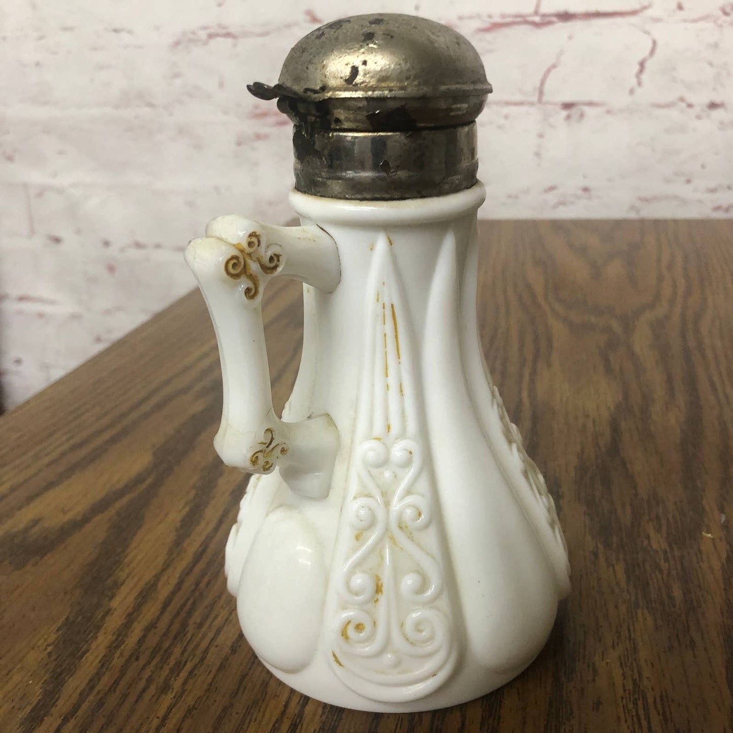 1880 Antique Victorian Gilded Milk Glass Syrup Pitcher w/ Metal Spring Top TD8