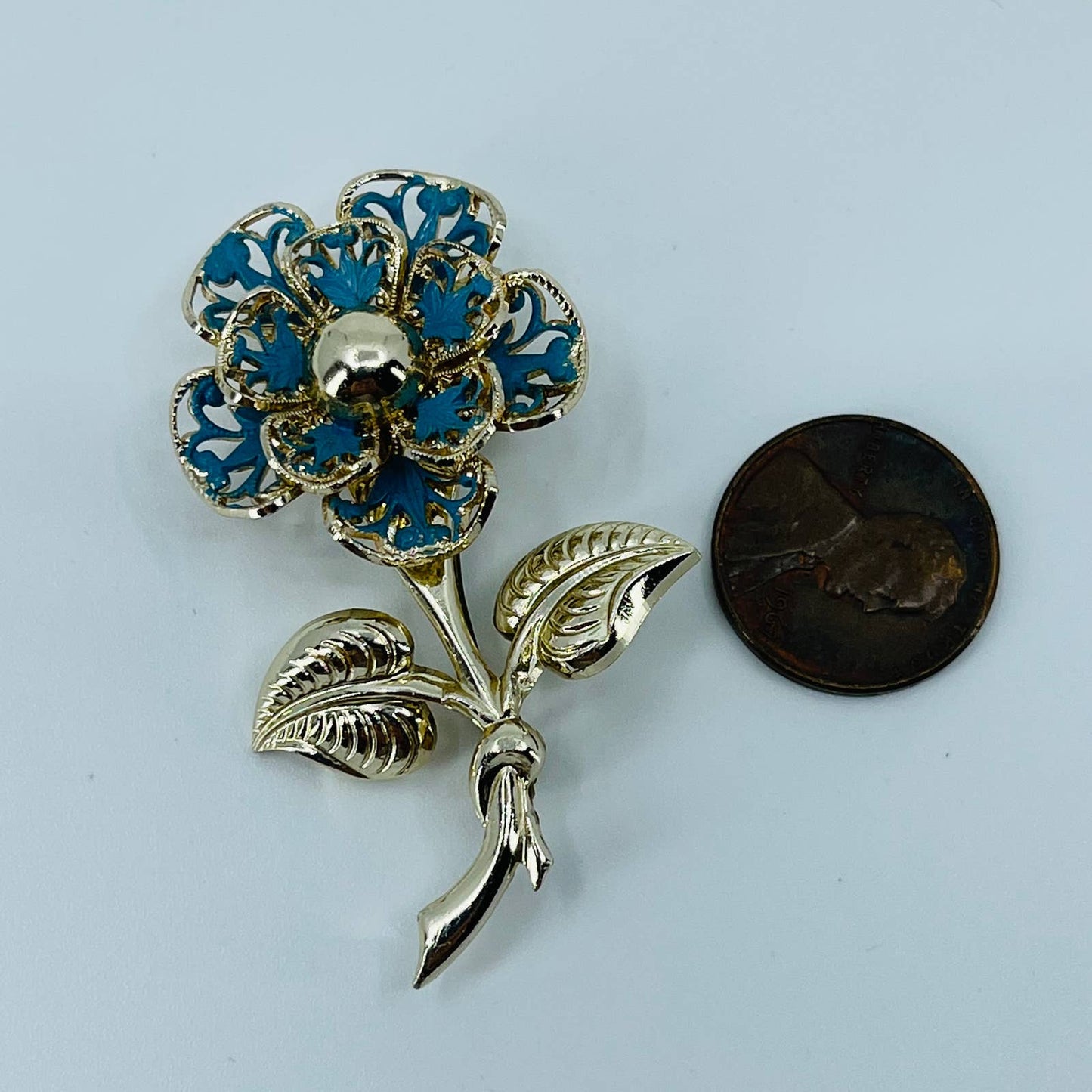 Art Nouveau Ornate Blue Enamel Flower Brooch Silver Tone SA6