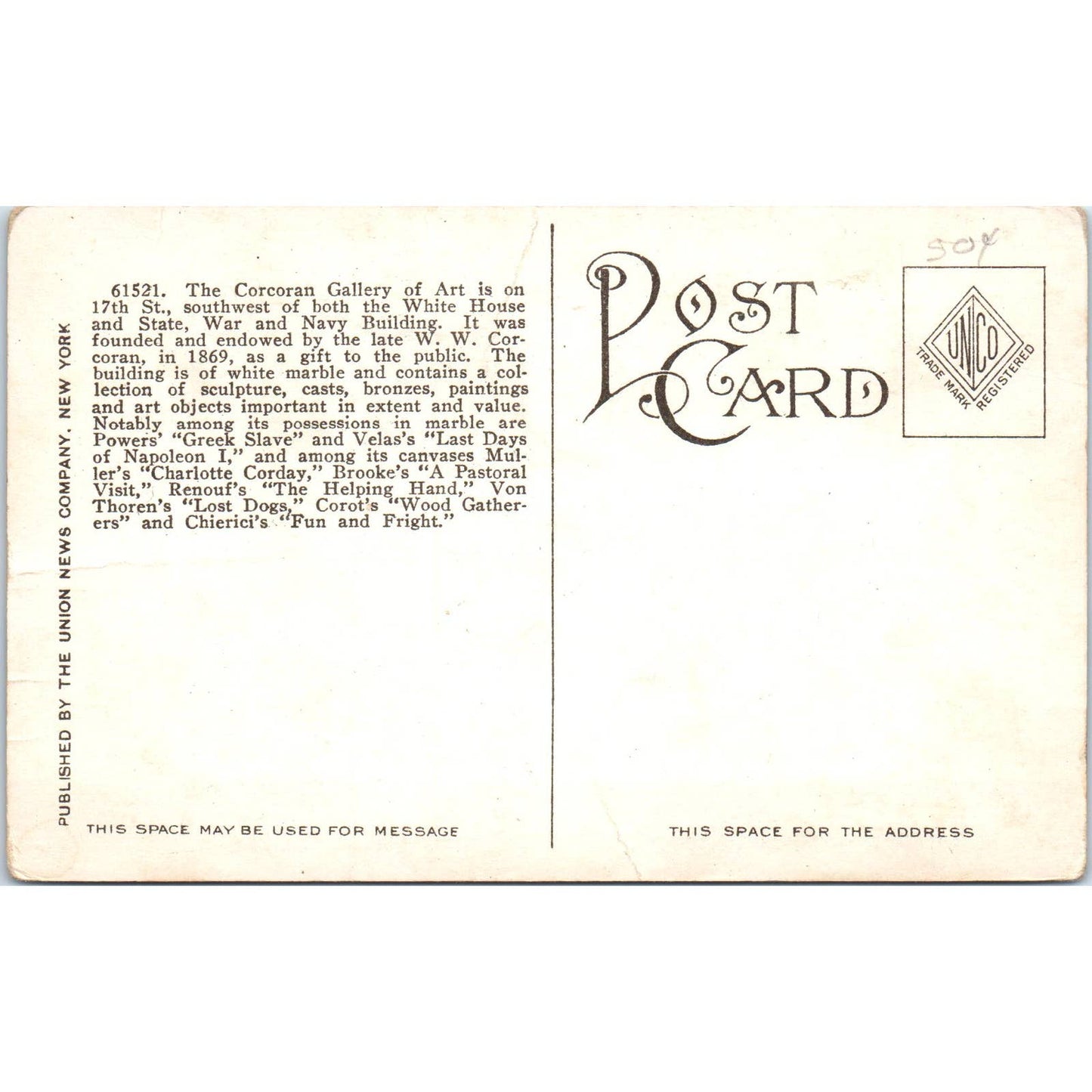 Corcoran Art Gallery Washington D.C. Original Postcard TK1-P2