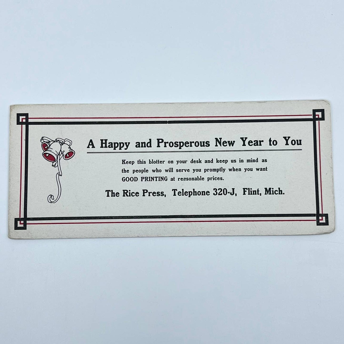 1910s Blotter Card The Rice Press Happy New Year Bells Flint MI SC8