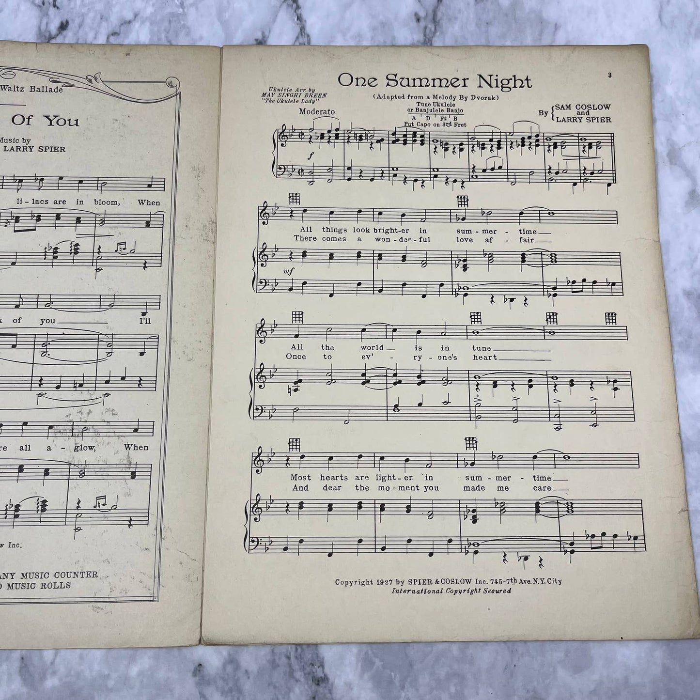 "One Summer Night" Sheet Music 1927 w/ Ukulele Sam Coslow Larry Spider TH5