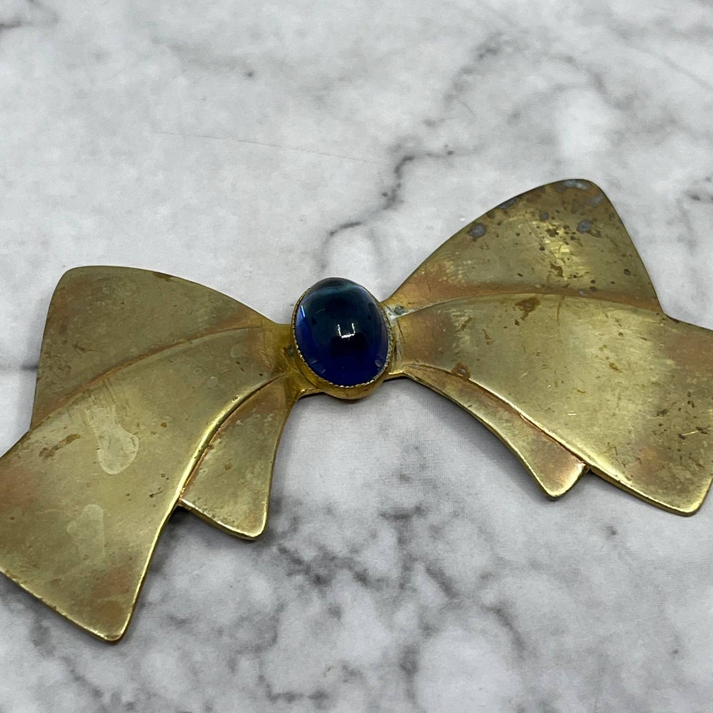 Vintage MCM Blue Glass & Brass Bow Pin Brooch 3” SE7