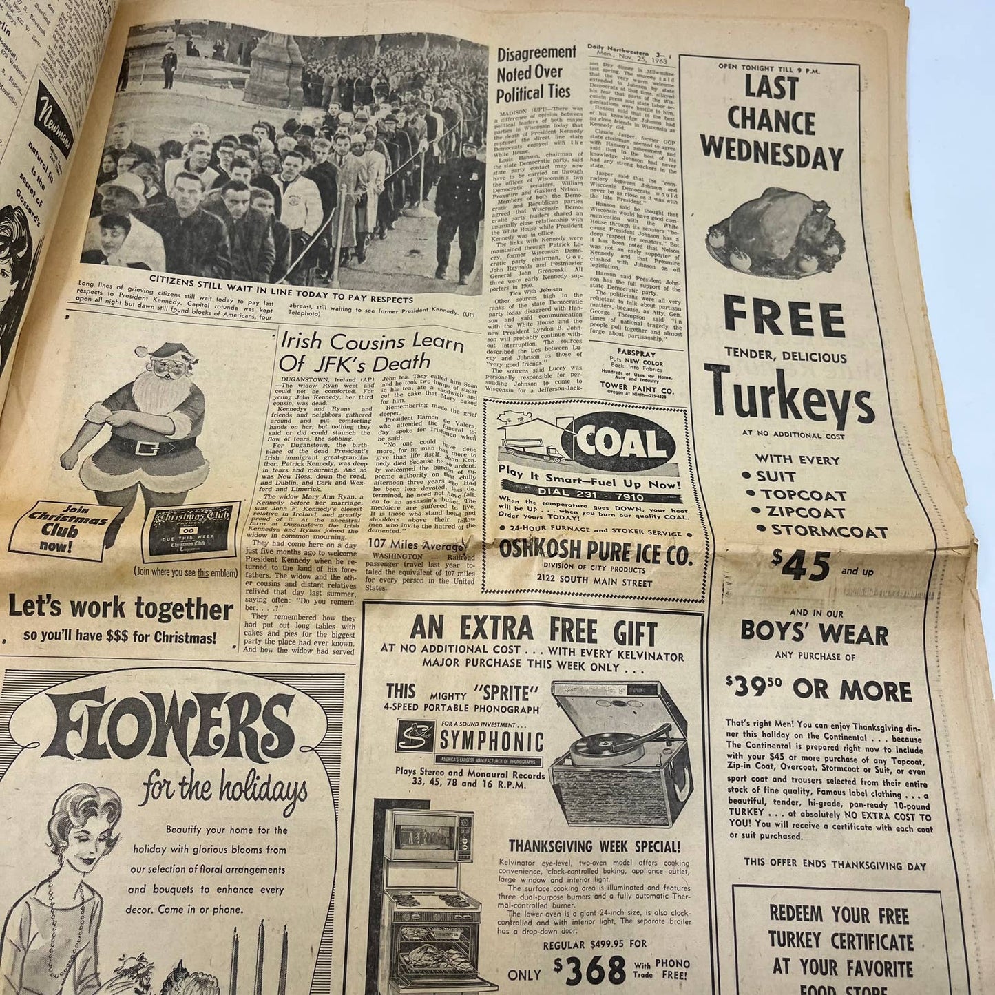 1963 Nov 25 OSHKOSH DAILY NORTHWESTERN Newspaper JFK Assassination TI6-10