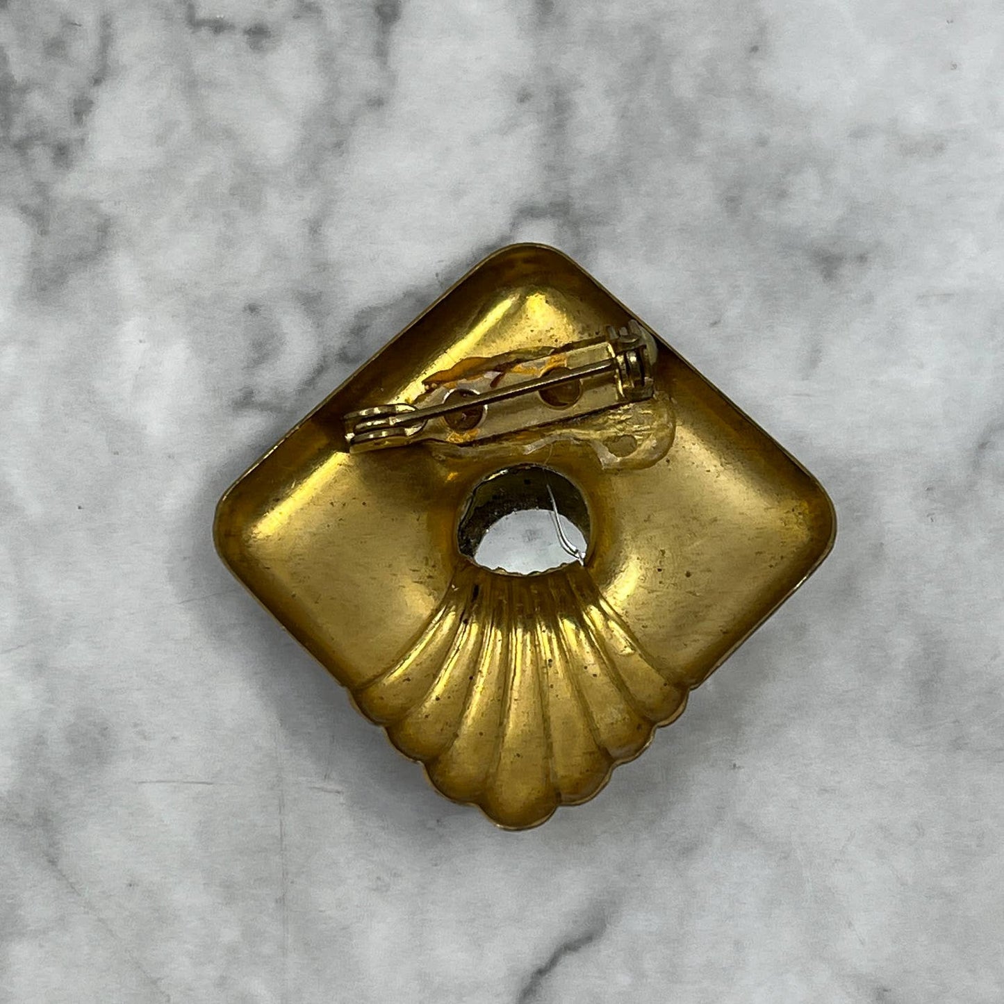 Vintage Art Deco Large Rhinestone & Brass Pin Brooch 1” SE7